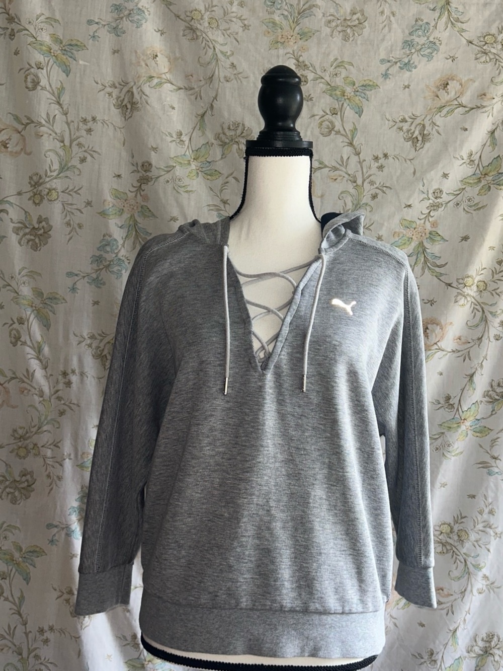Puma Gray Lace-Up V-Neck Hoodie Sweatshirt